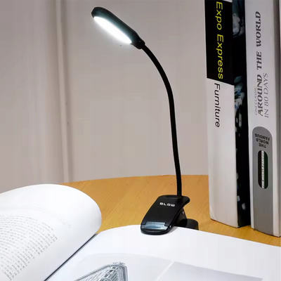 Lampë tavoline LED Blow për lexim, me kapëse, me bateri, e zezë