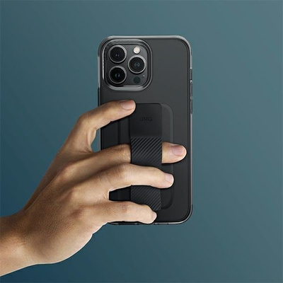 Mbrojtëse telefoni Uniq Heldro Mount për iPhone 14 Plus 6.7", me rrip FlexGrip, e zezë vapour smoke
