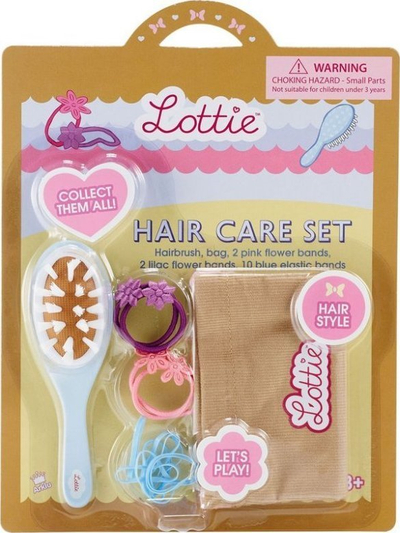 Set për flokët e kukullave Lottie Hair Care Set, me furçë e llastikë, me qese për t’i mbajtur, me ngjyra nga më të ndryshmet