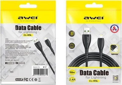 Kabllo USB në Lightning Awei CL-115L, 1m, karikim i shpejtë 2.4A, e zezë