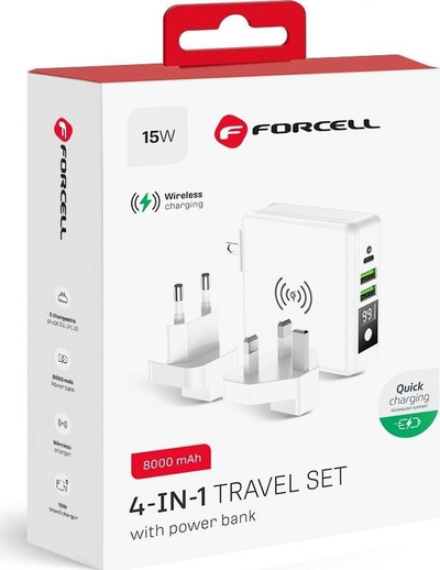 Karikues udhëtimi ForCell 4 në 1, 8000mAh, 2x USB A 1x USB C, i bardhë