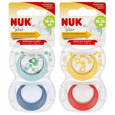 Biberon qetësues NUK Silicone Soother, 18-36m, set 2 copë, Star Blue Birds, blu