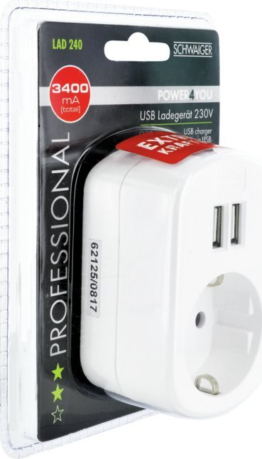 Adapter karikimi USB Schwaiger, futet direkt në prizë 230V me dalje kaluese, 2x USB, i bardhë