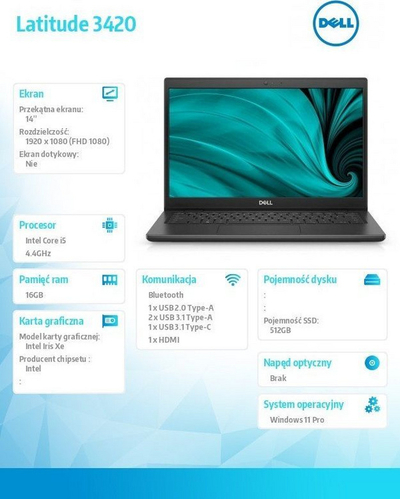 Laptop Dell Latitude 3420, 14'', Full HD, Core i5 - 1145G7, RAM 16 GB, M.2 PCIe SSD 512 GB