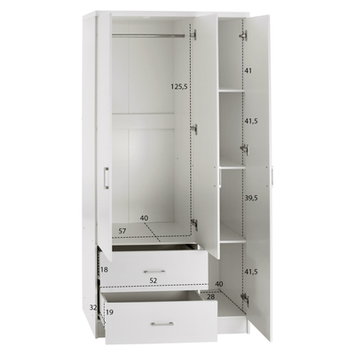 Garderobë Homeline Caesar HM340.05, 3 dyer 2 sirtarë, 89x42.5x181 cm, e bardhë