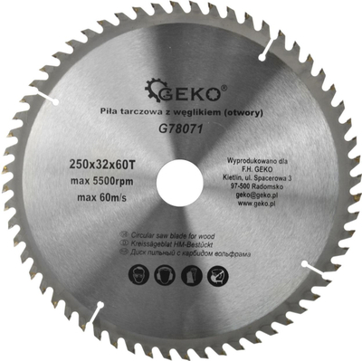 Диск за пила за дрво Geko 250mm, 32mm, 60T, со ладилни отвори