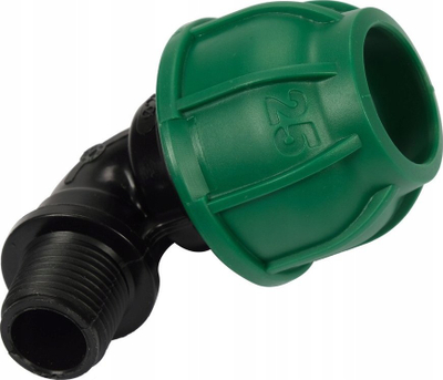 Bërryl 90° për tub PE, 25mm, me filetë mashkullore 1/2", i zi