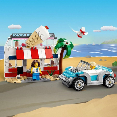 Set lodër LEGO Creator 3 në 1 31138 Beach Camper Van, ndërtim 3 në 1, për kalamaj 8+, shumëngjyrësh