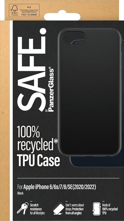 Kollçë telefoni PanzerGlass SAFE TPU, për iPhone 6 6s 7 8 SE 2020 2022, material i riciklum, e zezë