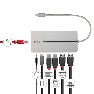 Docking station Lindy Dual 4K USB C 43360, 2x 4K 60Hz, Power Delivery 100W, gri
