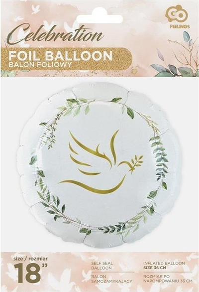 Balon foli GoDan Dove with Leaves, 18", rrumbullake, e bardhe me ari