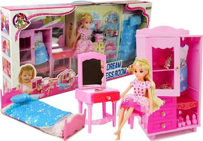 Set lodrash LEAN Toys Doll Furniture, shtrat dollap tavolinë grimimi, shumëngjyrësh