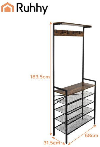Raft rrobash Ruhhy 189cm, 4 rafte për këpucë, metalik, i zi