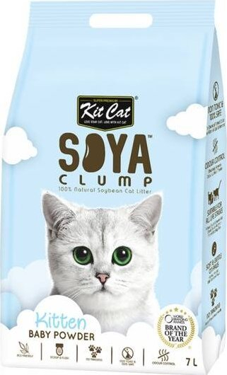 Rërë higjienike për mace Kit Cat Soya Clump Kitten, me erë baby powder, 7L, blu