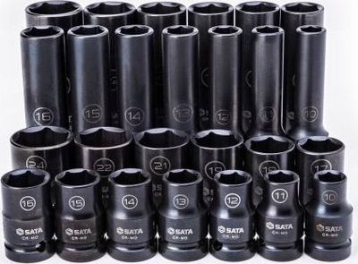 Set çelësash goditës SATA 34399T, 26 copa, 1/2", mur i hollë, i zi