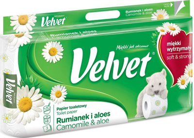 Letër higjienike Velvet Chamomile and Aloe, 3 shtresa, 8 role, e bardhë
