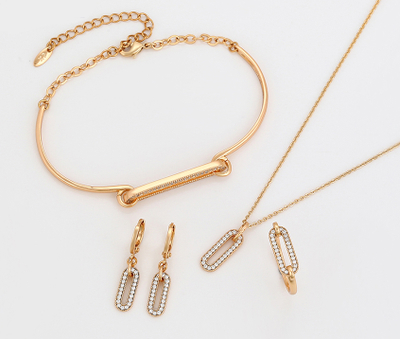 Set Xuping Ovale, të praruara në ar 18 karatësh QVUBO -  qafore + vathë + unazë + byzylyk, artë/bardhë/16.10mm/#10