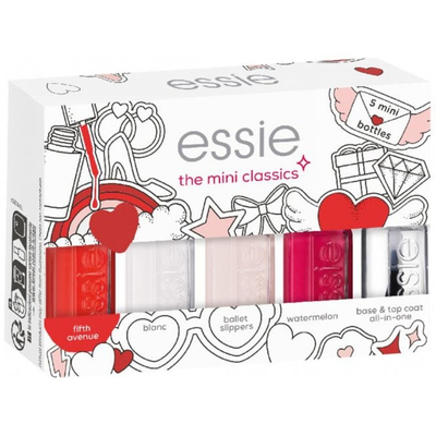 Set për thonjë Essie The Mini Classics Nail Polish, Fifth Avenue, 5ml + Blanc, 5ml + Ballet Slippers, 5ml + Water Melon, 5ml + Base & Top Coat, 5ml