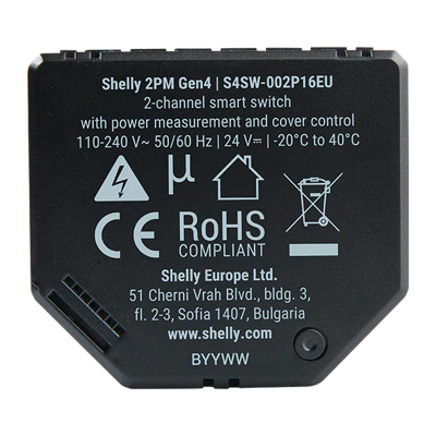 Rele inteligjente Shelly 2PM Gen4, 16A 2 kanale, matje energjie, Wi-Fi Matter Zigbee, e zezë