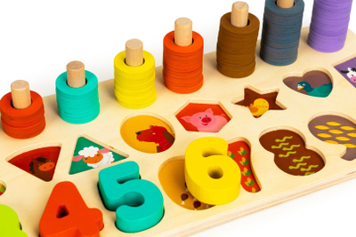 Дрвена едукативна играчка Ecotoys Abacus 3in1, броеви и форми, шаренолика