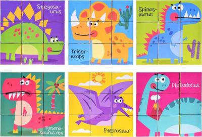 Puzzle kuba me dinosaurë, 9 blloqe, 6 figura, me ngjyra