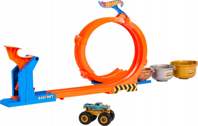 Set lojrash Hot Wheels Monster Trucks Loop and Flip Trophy Challenge me kamion Bigfoot 1:64, metalik, shumëngjyrësh