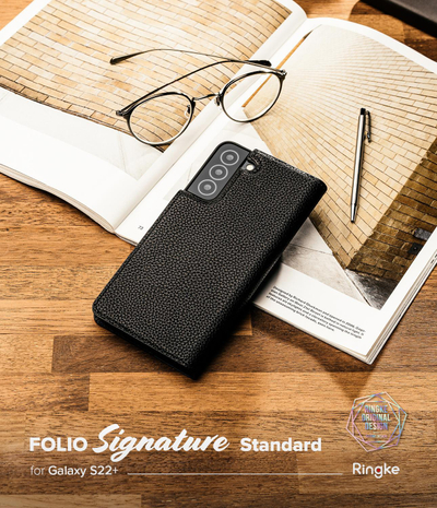 Etui folio Ringke Folio Signature për Samsung Galaxy S22 Plus, lëkurë artificiale, me xhep për karta, i zi