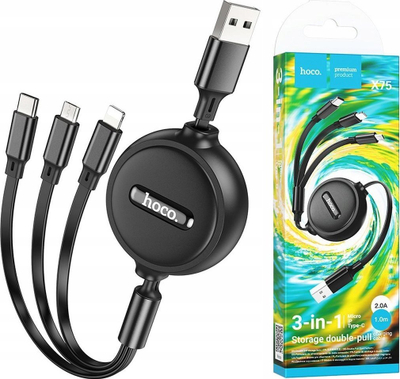 Kabllo USB Hoco X75 3 në 1, Lightning Micro USB Type C, 1m, e zezë