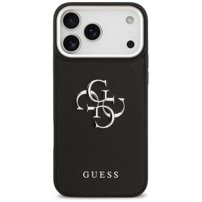 Mbulesë telefoni Guess Hardcase 4G Grained, për iPhone 17 Pro Max, TPU dhe lëkurë eco, e zezë