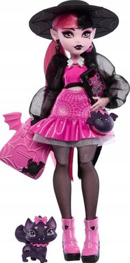 Kukull Monster High Draculaura, trup i lëvizshëm, aksesorë, rozë e zezë