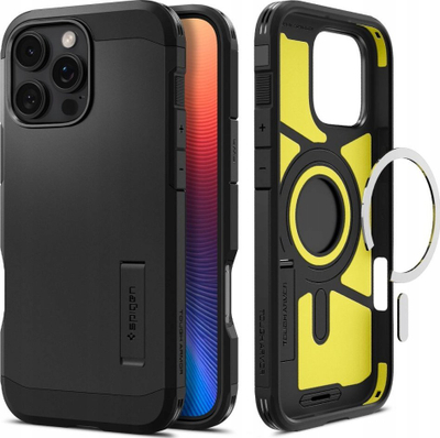 Kllëf telefoni Spigen Tough Armor MagSafe për iPhone 16 Pro, i fortë, me këmbëz, i zi