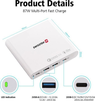Karikues notebook-u Swissten 87W, 2x USB, 2x USB C, i bardhë