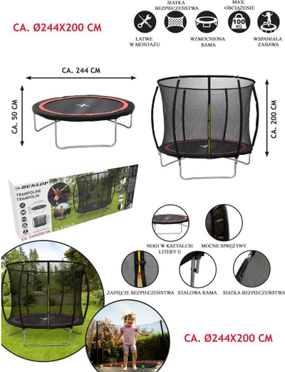 Trampolinë DUNLOP Premium, diametër 244 cm, rrjetë e brendshme sigurie