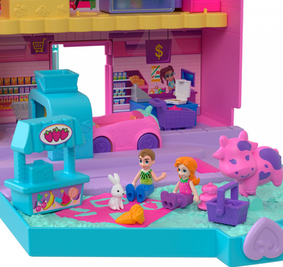 Set lodrash Polly Pocket Pollyville Fresh Market, 2 kukulla mikro, 12 aksesorë, shumëngjyrësh