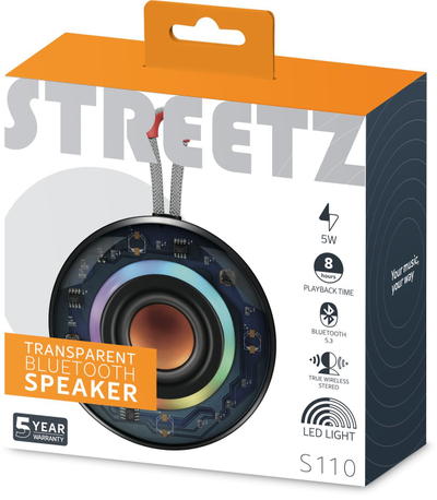 Boks Bluetooth STREETZ S110, 5W, dritë LED shumëngjyrëshe, i zi transparent