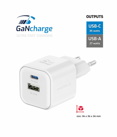 Karikues Swissten GaN 1x USB-C, 35W PD + 1x USB-A 27W QC