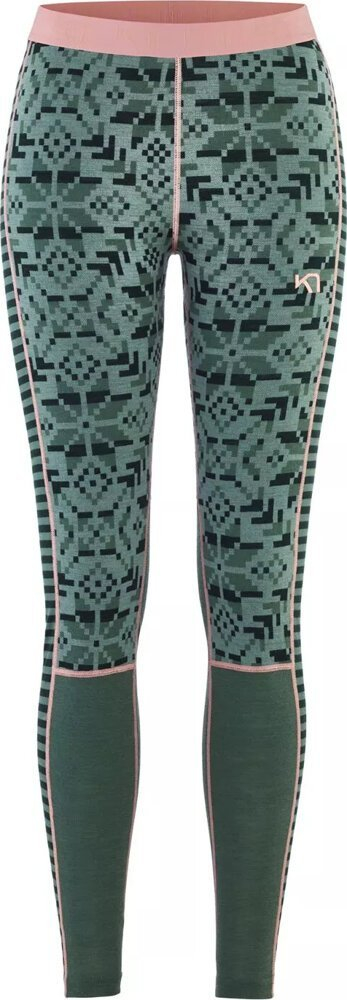 Pantallona termale për goca Kari Traa Else Wool, 100% lesh Merino, bel i lartë, jeshile me print