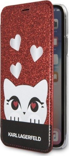 Këllëf telefoni Karl Lagerfeld Valentine për iPhone X / XS, me kapak, i kuq me shkëlqim