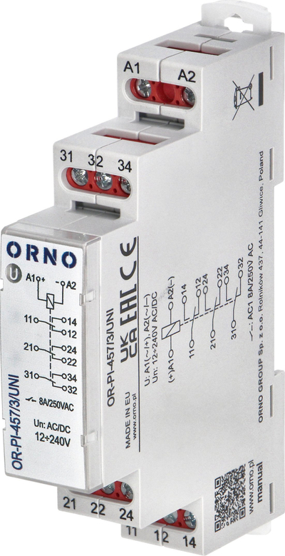 Rele instalimi Orno OR-PI-457/3/UNI, 3P 8A, 12–230V AC/DC, e bardhë