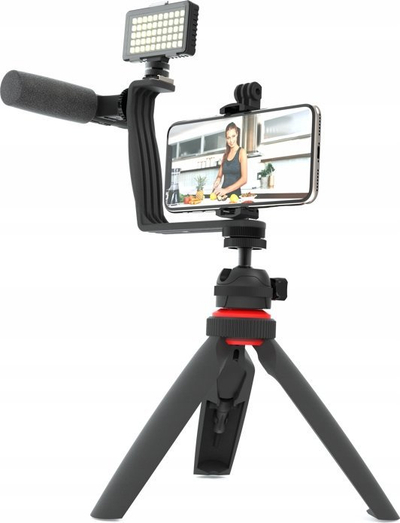 Set vllogingu Digipower Super Star Essential, mikrofon edhe dritë LED, tripod për telefon, i zi