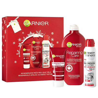 Set për trup Garnier Reparing Care, losion trupi 400 ml, krem për duar 100 ml & antiperspirant 150 ml