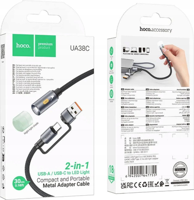 Kabllo USB Hoco UA38C, USB A në USB C, 30cm, me dritë LED, e zezë