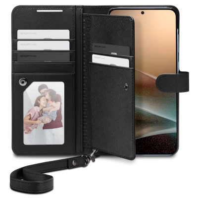 Kështëllë telefoni Spigen Wallet S për Samsung Galaxy S25+, me portofol për karta, funksion për ta vënë stand, e zezë