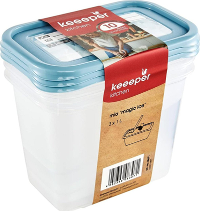 Set kontenierësh kuzhine Keeeper Mia Magic Ice, 3x1L, plastikë pa BPA, kapak blu
