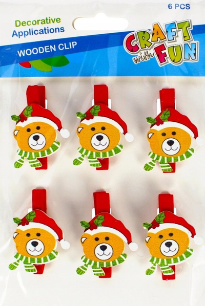 Kapëse druri dekorative Craft with Fun Christmas Bear, 4 cm, 6 copë, shumëngjyrëshe