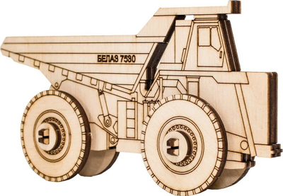 Model druri mekanik Belaz 7530, puzzle 2D, me rrota që levizin, ngjyrë natyrale druri