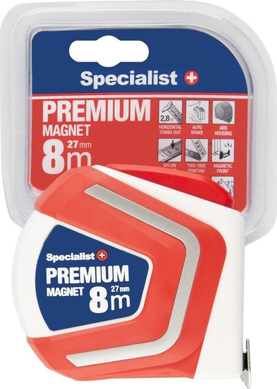 Metër specialist premium me magnet, 8 m, 27 mm, i kuq e i bardhë