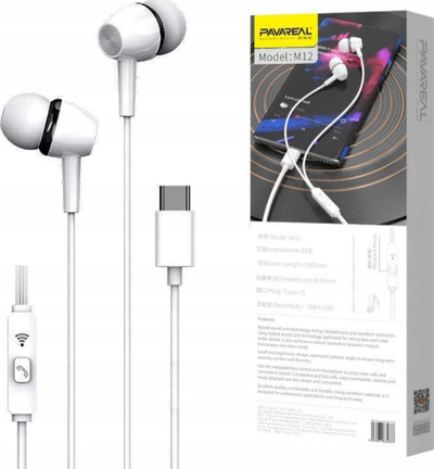 Kufje in-ear Pavareal M12, me mikrofon, USB-C, të bardha