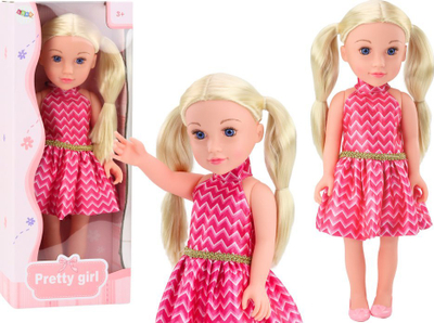 Kukull Pink Doll, 46 cm, fustan rozë, flokë bionde me bishtaleca