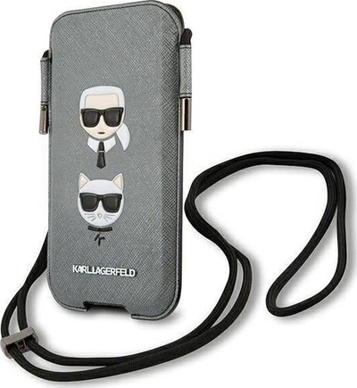 Çantë telefoni Karl Lagerfeld Ikonik Karl &amp; Choupette Head KLHCP12MOPHKCG, deri 6.1", lëkurë saffiano, gri